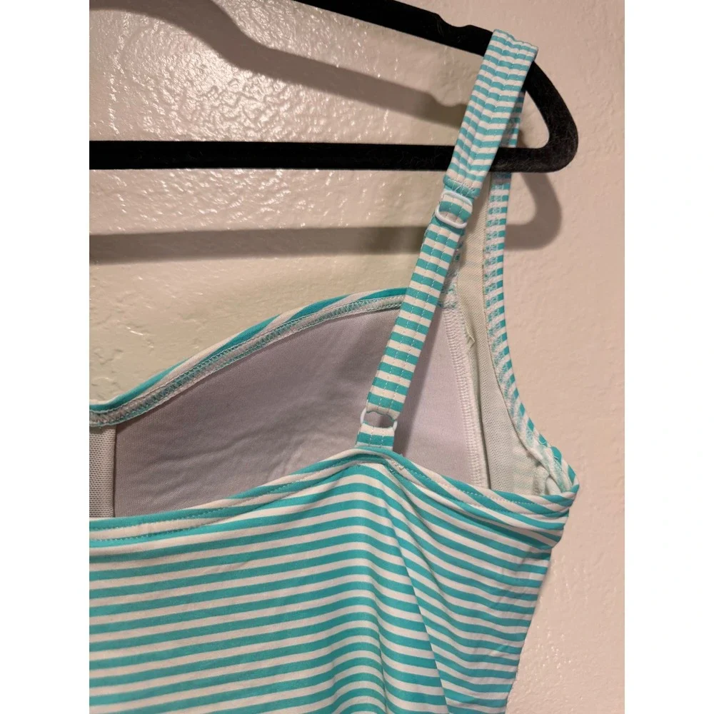 Bond-Eye Australia Teal White Striped Ruched One Piece Swimsuit US‎ 10 Multi Cup